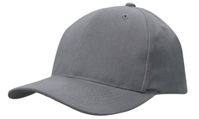 A grey snapback cap with a rounded crown and a curved brim. It features a logo on the front.
