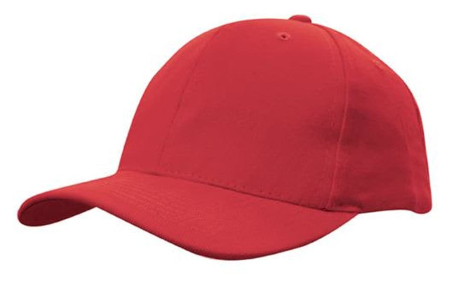A red snapback cap made from brushed heavy cotton. The cap features a rounded crown and a flat brim.