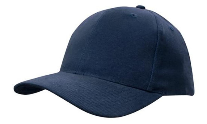 A navy blue cap with a rounded crown and a curved peak. It features a branding logo on the front.