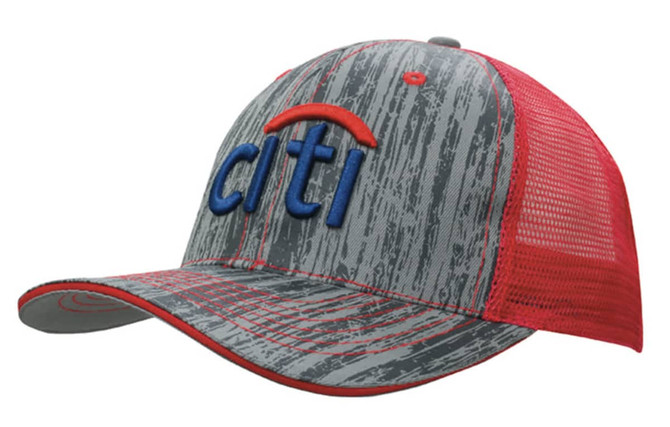 A cap featuring a grey wood print design with a red mesh back and blue logo.