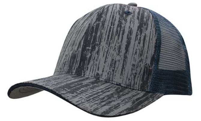 A cap featuring a wood print design with a mesh back, predominantly in shades of grey and blue.
