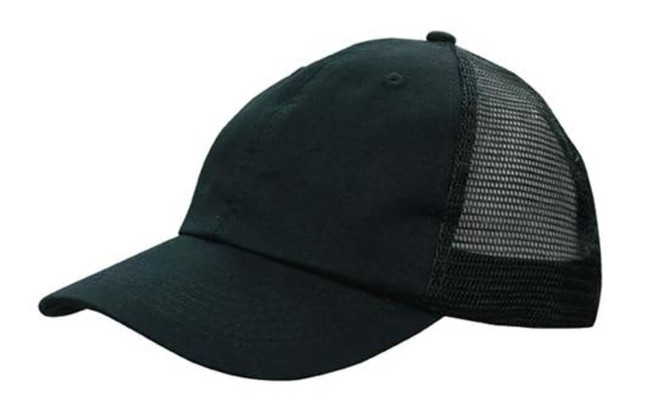 A black cap featuring a soft mesh back and a curved brim, with a logo prominently displayed.