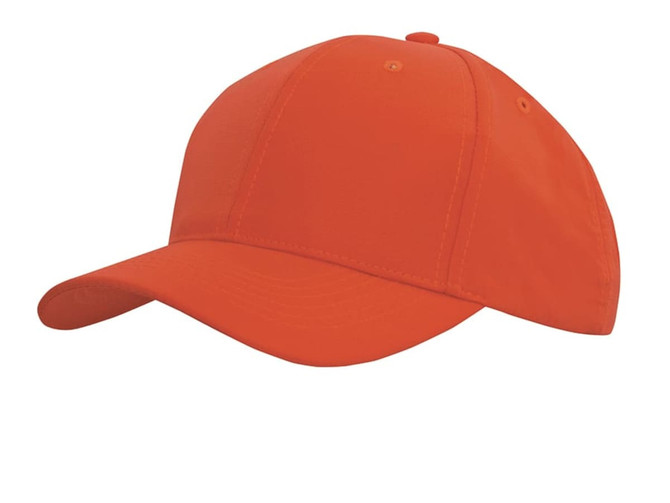 An orange sports cap featuring a curved brim and a solid design, with a logo on the front.