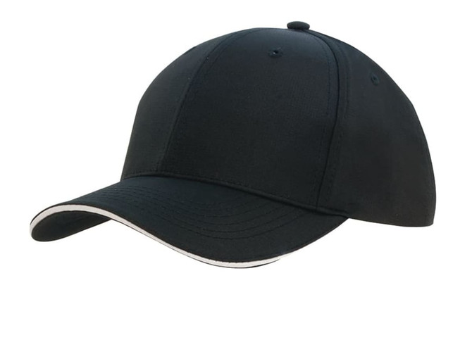 A black sports cap with sandwich trim and a logo on the front.