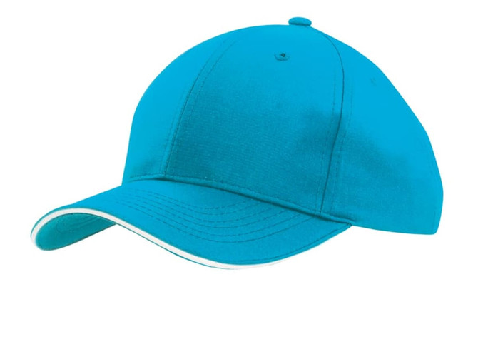 A turquoise sports cap with a sandwich trim and a logo on the front.