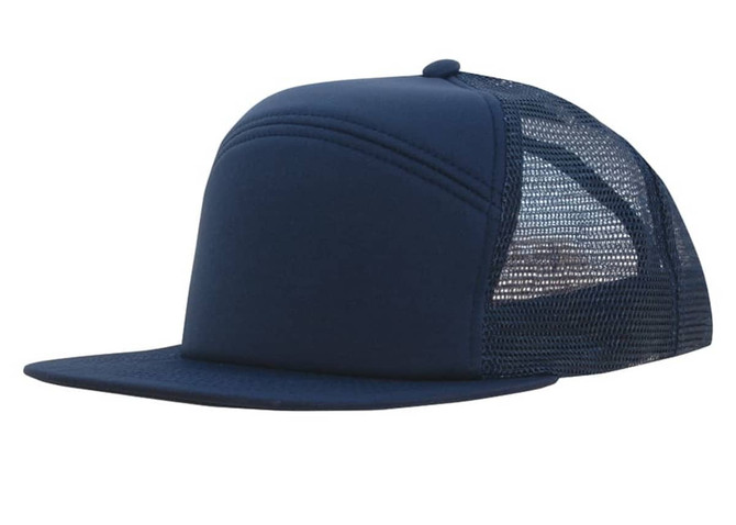 A navy foam front A-frame cap with a mesh back and a flat brim. It features a logo on the front.