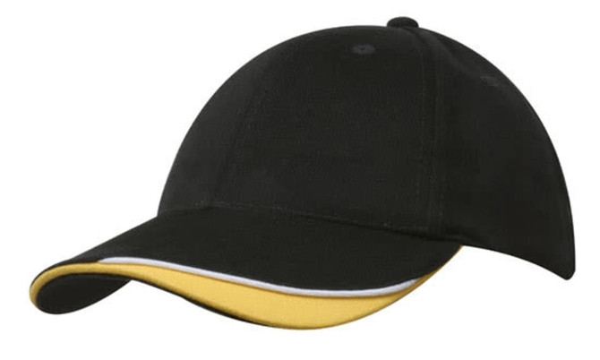 A black cap featuring a yellow indented peak and a white trim, with a logo on the front.