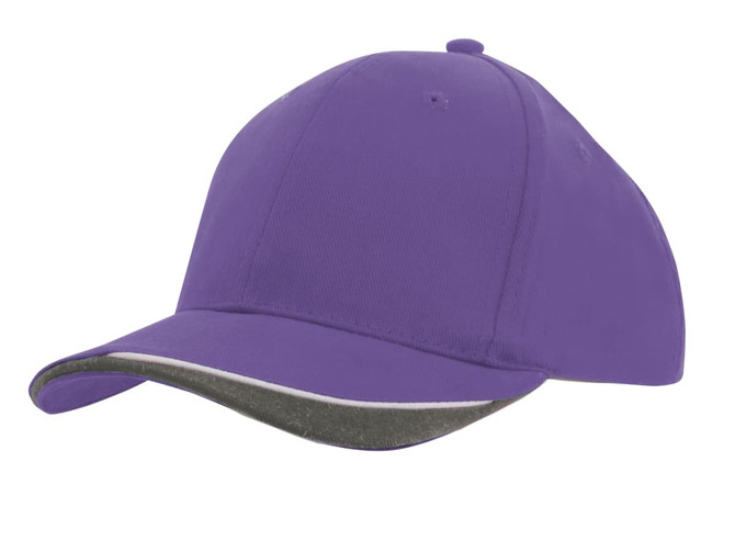 A purple cap with a contrasting indented peak and a branded logo on the side.