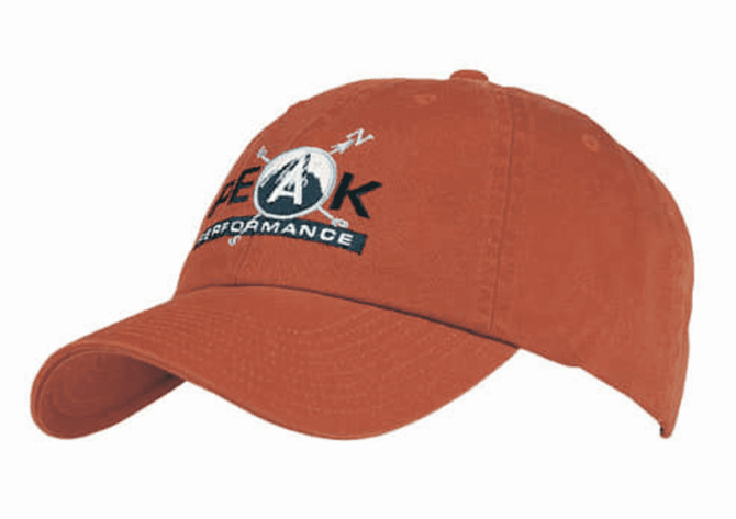 An orange cap with a logo on the front and a curved brim. The design features contrasting stitching details.