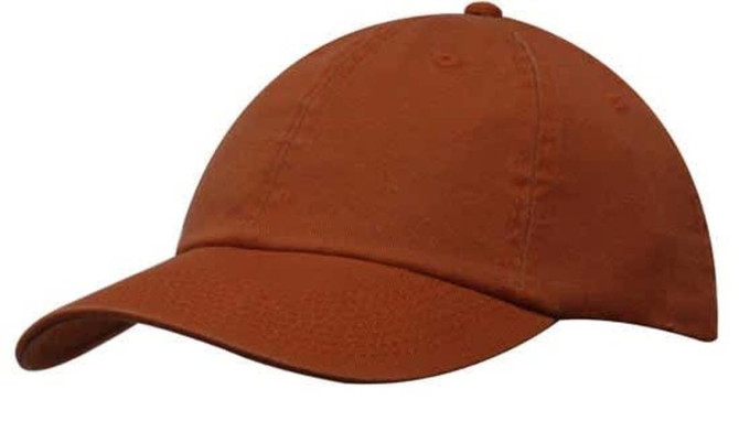 An orange-brown cap with a curved brim and a top button, featuring a branding logo.