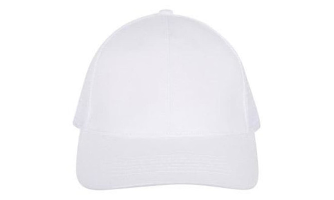 A white cap with a solid front and mesh back, featuring a branding logo.