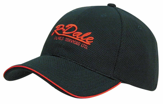 A black cap with a mesh design and red accents, featuring an embroidered logo on the front.