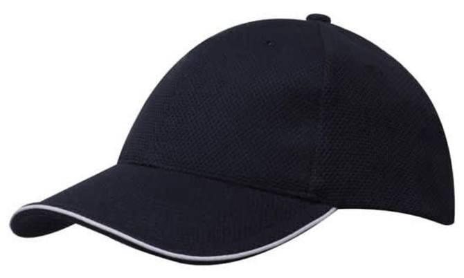 A navy blue cap with a mesh design and contrasting trim, featuring an adjustable strap at the back.