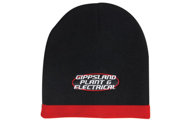 A two-tone beanie in black and red with a logo prominently displayed on the front.