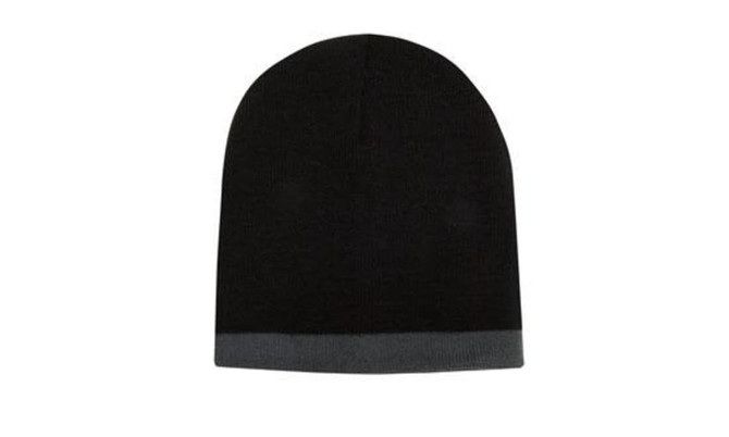 A two-tone acrylic beanie in black with a grey cuff. The beanie has a smooth, fitted design and includes a logo.