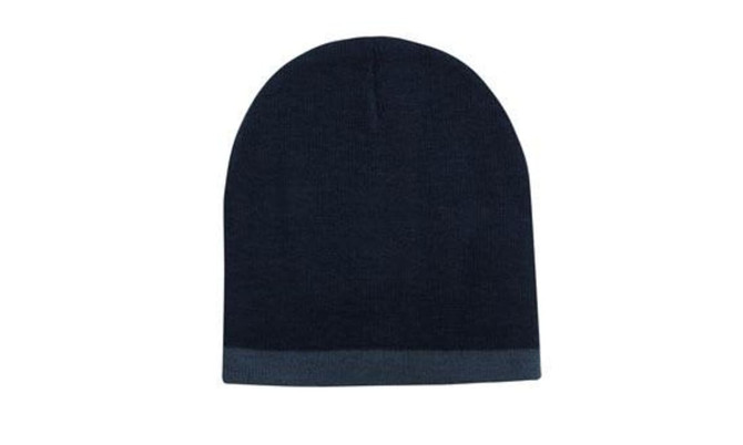 A two-tone acrylic beanie in navy with a contrasting band at the bottom. Features a logo.