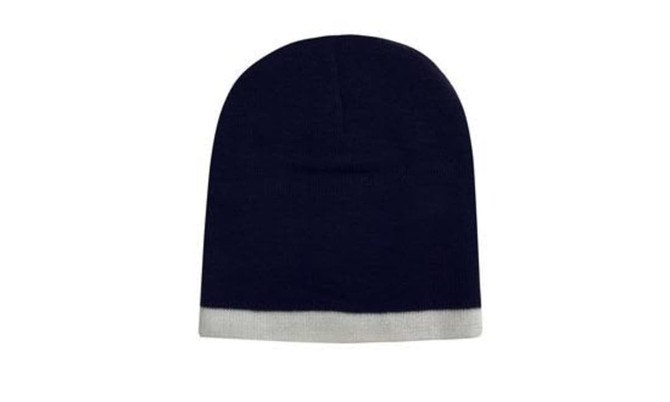 A two-tone acrylic beanie featuring a navy upper and a light grey cuff, with a small logo present.