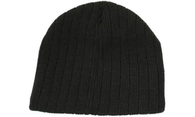 A black cable knit beanie with a ribbed texture and a simple design. It features a logo.