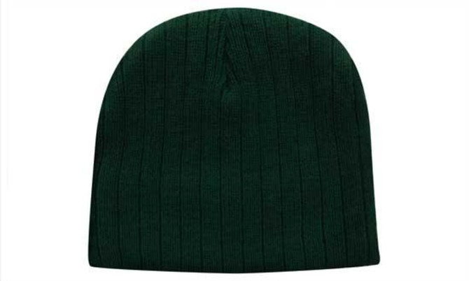 A green cable knit beanie toque with a ribbed texture and no visible branding.