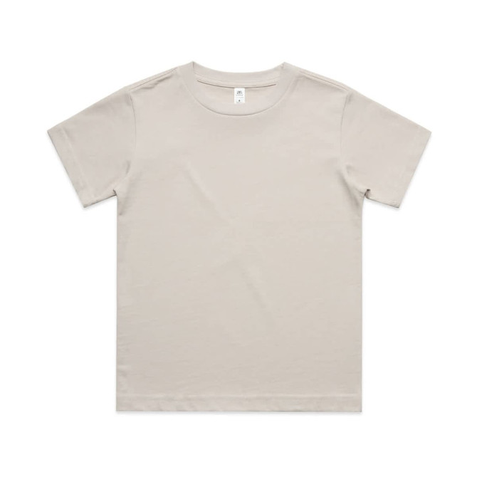 A beige kids' classic t-shirt featuring a crew neck design and short sleeves. It includes a branding logo.