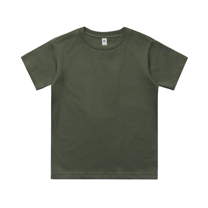 A kids' classic tee in olive green, featuring a simple design and a logo at the neckline area.