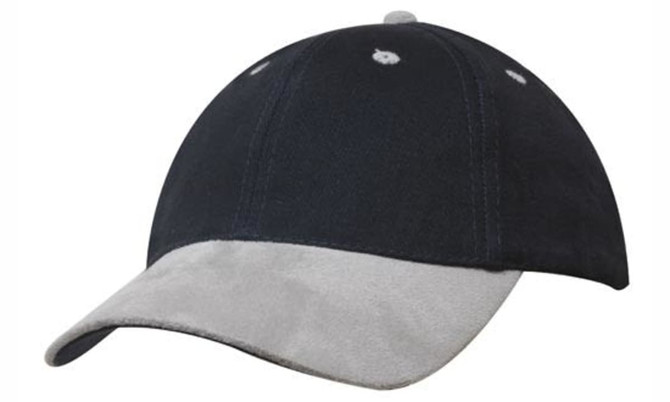 A hat featuring a brushed heavy cotton fabric with a grey suede peak, in contrasting navy blue and grey colours.