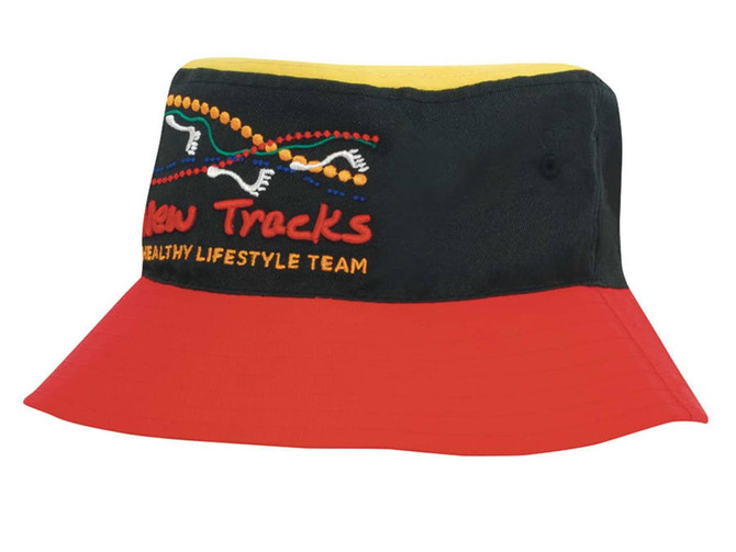 A multicoloured bucket hat features a black, yellow, and red design, with a logo on the front.