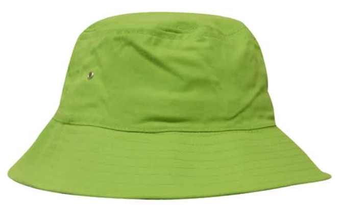 A bright green bucket hat with a wide brim and a small logo detail.