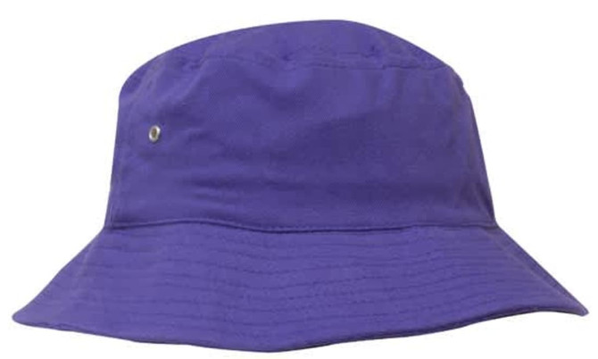 A purple brushed sports twill bucket hat with a wide brim and a small logo detail.