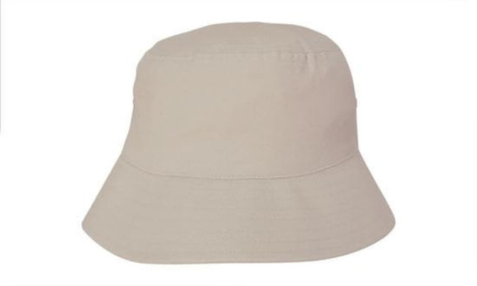 A brushed sports twill bucket hat in a neutral beige colour, featuring a logo on the side.