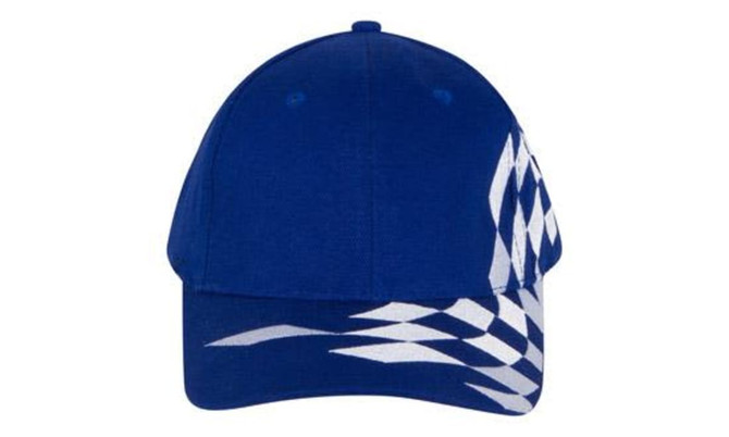 A blue cap featuring a white checkered pattern and a logo.