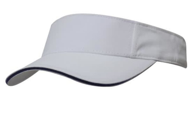 A white brushed heavy cotton visor with a contrasting trim and an adjustable strap. It features a logo.