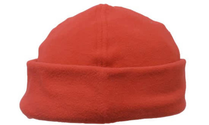A red micro fleece beanie with a fold-over design and a branding logo.