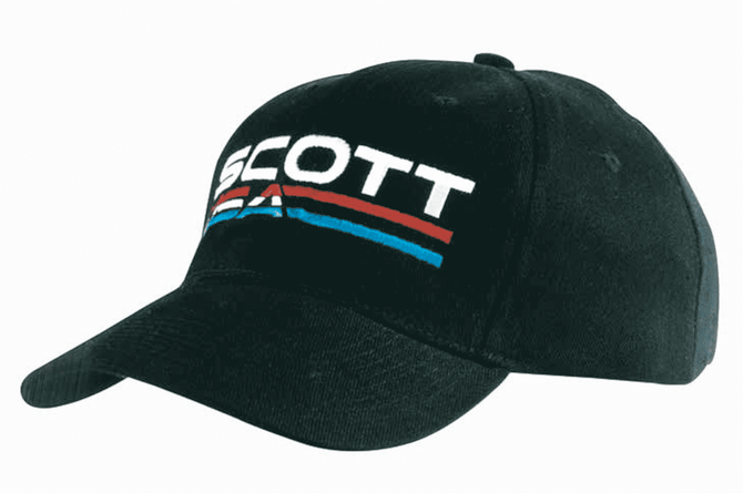 A black cap featuring embroidered text in white, red, and blue, with a logo on the front.