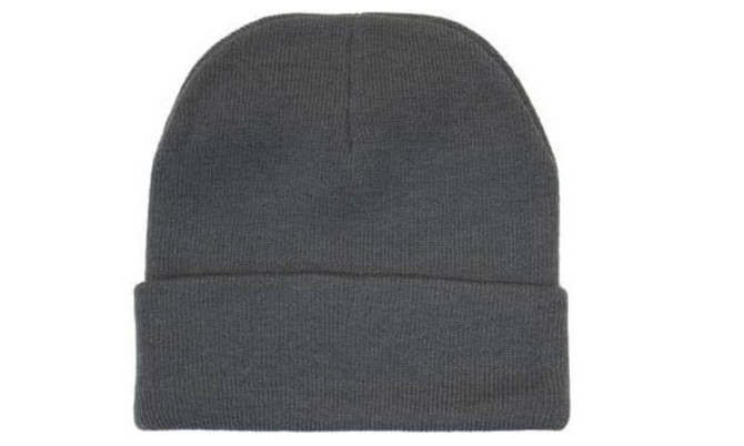Acrylic beanie in dark grey with a folded cuff and a logo on the side.