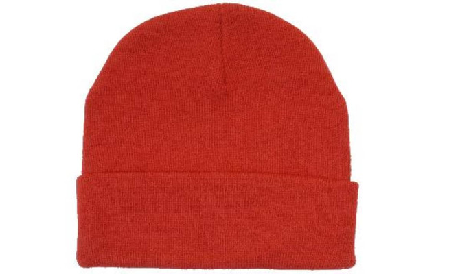 Acrylic beanie in bright red with a folded cuff, featuring a logo on the side.