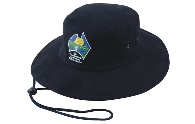 A navy blue brushed heavy sports twill hat with a logo and an adjustable chin strap.
