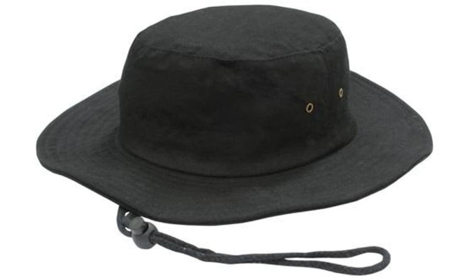 A black brushed heavy sports twill hat with a wide brim and an adjustable chin strap.