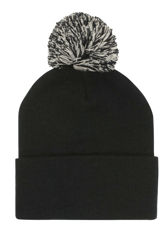 Acrylic beanie in black with a black and white pom pom on top. Features a folded cuff and has a logo.