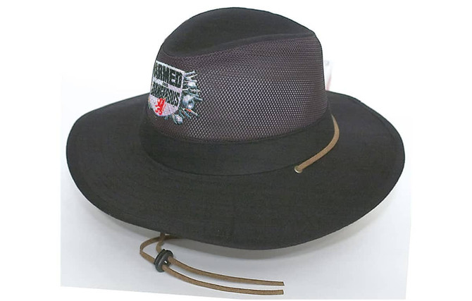 A black twill and mesh hat with a wide brim and a logo on the front, featuring a brown chin strap.