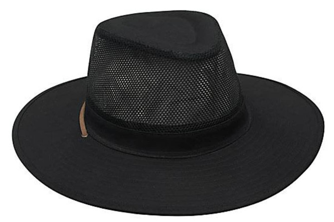 A black cotton twill and mesh hat with a wide brim and a stylish design, featuring a logo.