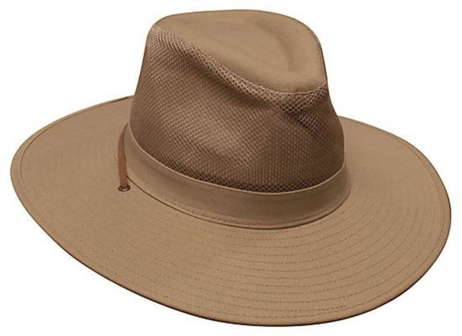 A tan cotton twill and mesh hat with a wide brim and a decorative band. Features a logo on the side.