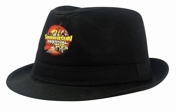 A black cotton twill fedora hat featuring a logo on the front.