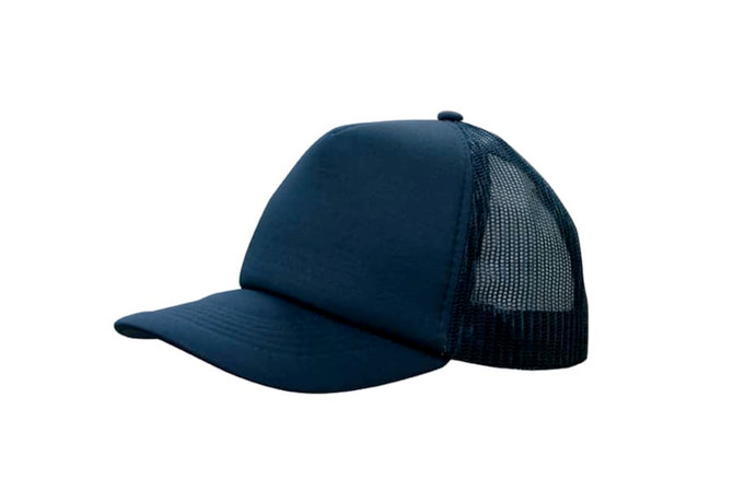 A navy blue trucker mesh cap with a solid front panel and mesh back. It features a curved visor.