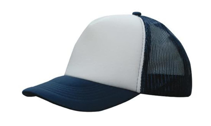 A trucker mesh cap featuring a white front panel and a navy blue brim and mesh sides.