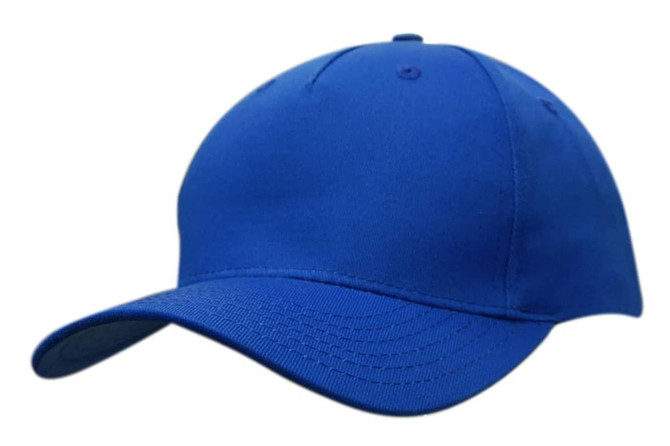 A blue cotton twill cap featuring a curved brim and a logo on the side.