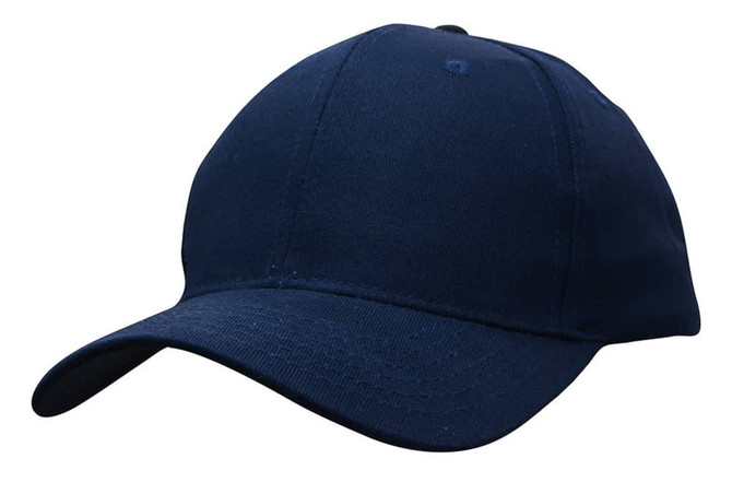 A navy blue cotton twill cap with a buckle and a logo on the front.