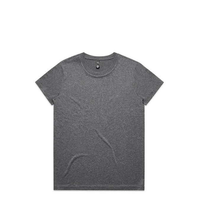 A grey active T-shirt featuring a round neckline and short sleeves, with a small logo on the neck.