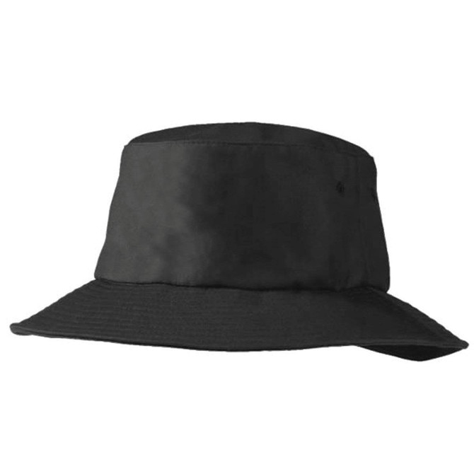 A black Poly Viscose bucket hat with a wide brim and a simple design, featuring a logo on the side.