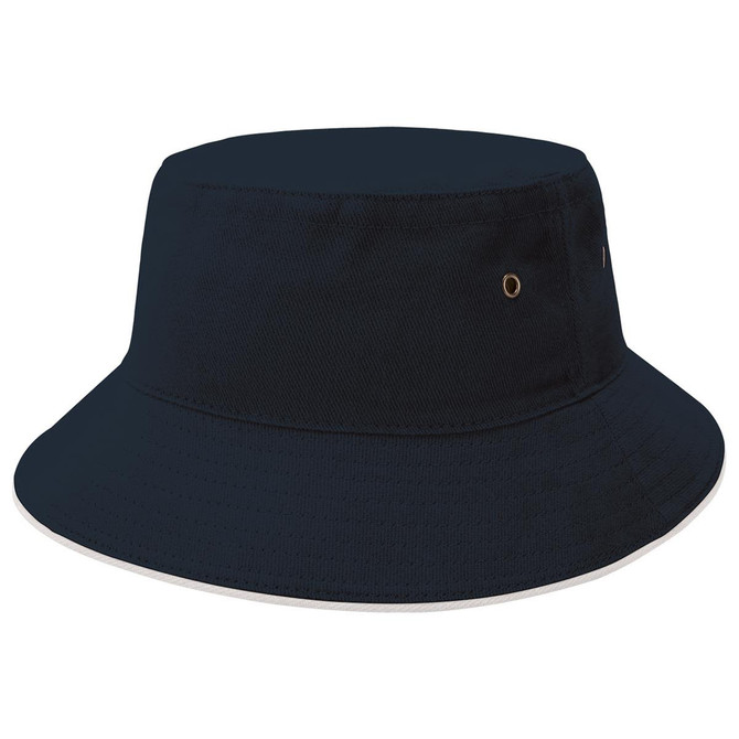 A navy blue bucket hat featuring a wide brim and a small branding logo.
